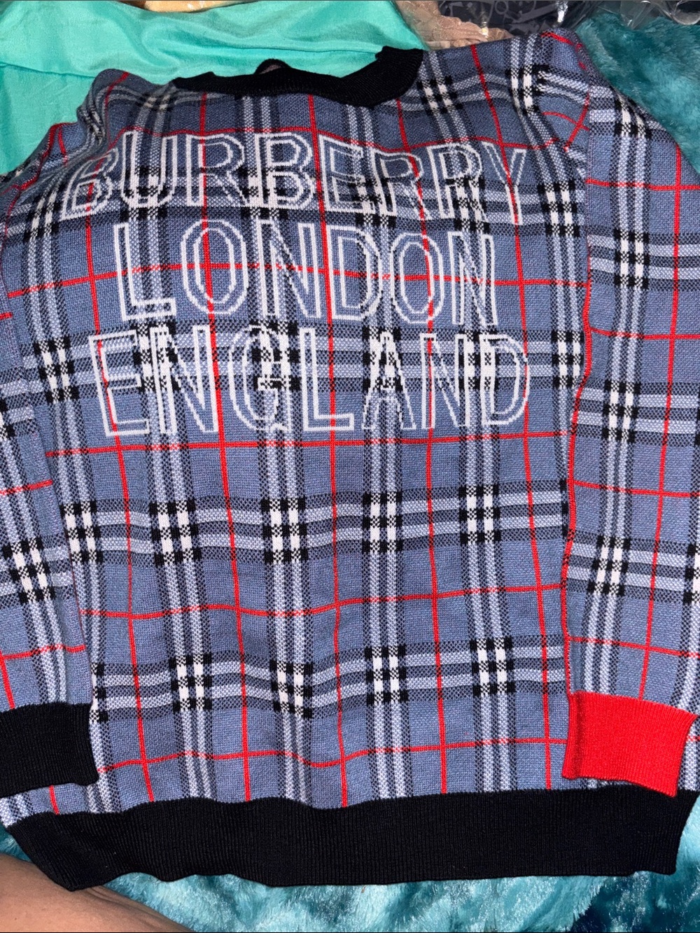 Burberry Men's Blue Plaid Crewneck Sweater with Red Accents